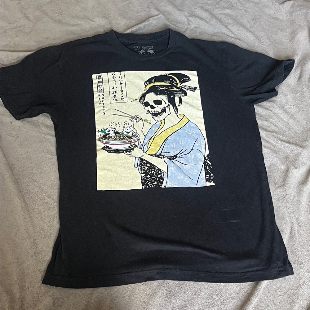 Riot Society Black Tee with Skeleton Geisha Design